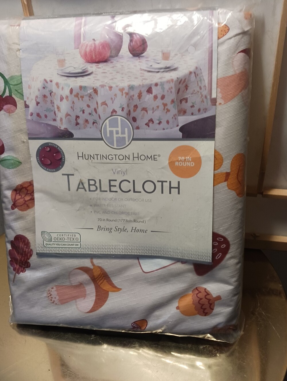 Huntington Home MCM  Pumpkin Acorn Vinyl Tablecloth - White with Orange Accents